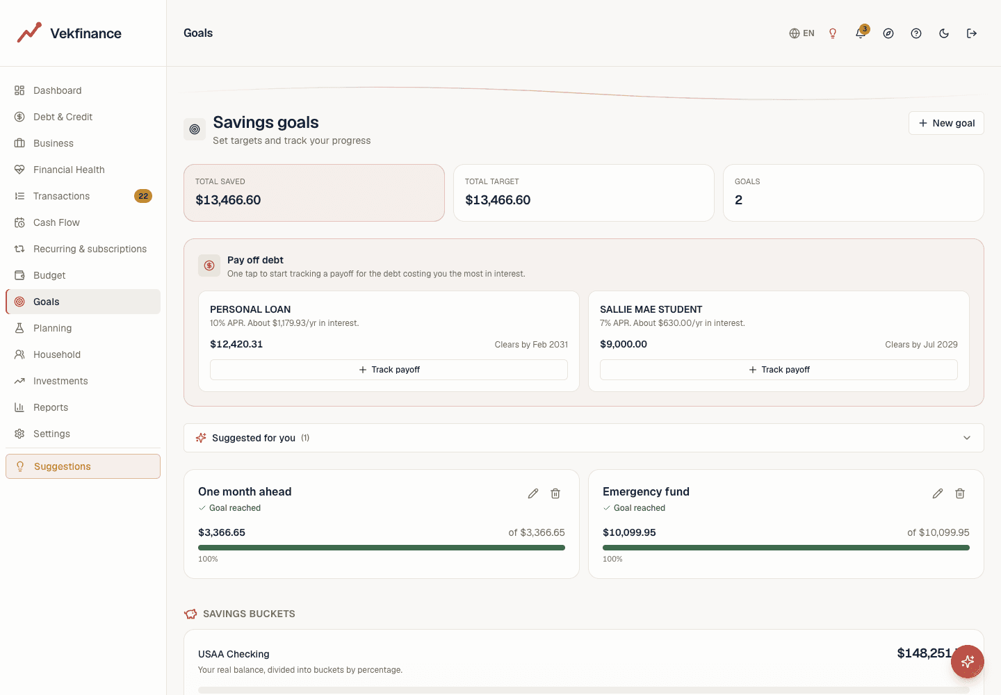Vekfinance savings goals page with progress cards