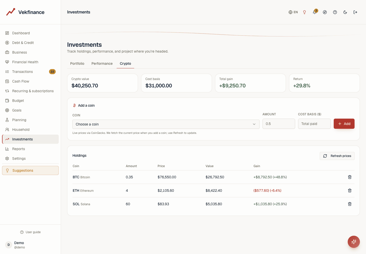 Crypto tab showing total crypto value, cost basis, and gain, an add-coin form, and a holdings table of Bitcoin, Ethereum, and Solana with live prices and returns