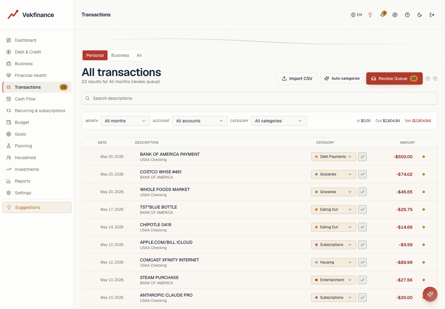 Review queue on the transactions page showing yellow category dropdowns with green checkmarks for one-click confirmation