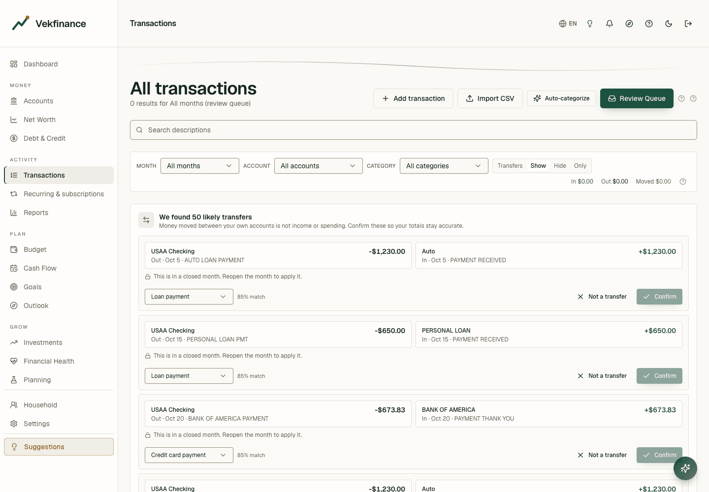 The Transactions page with a list of transactions waiting for a category